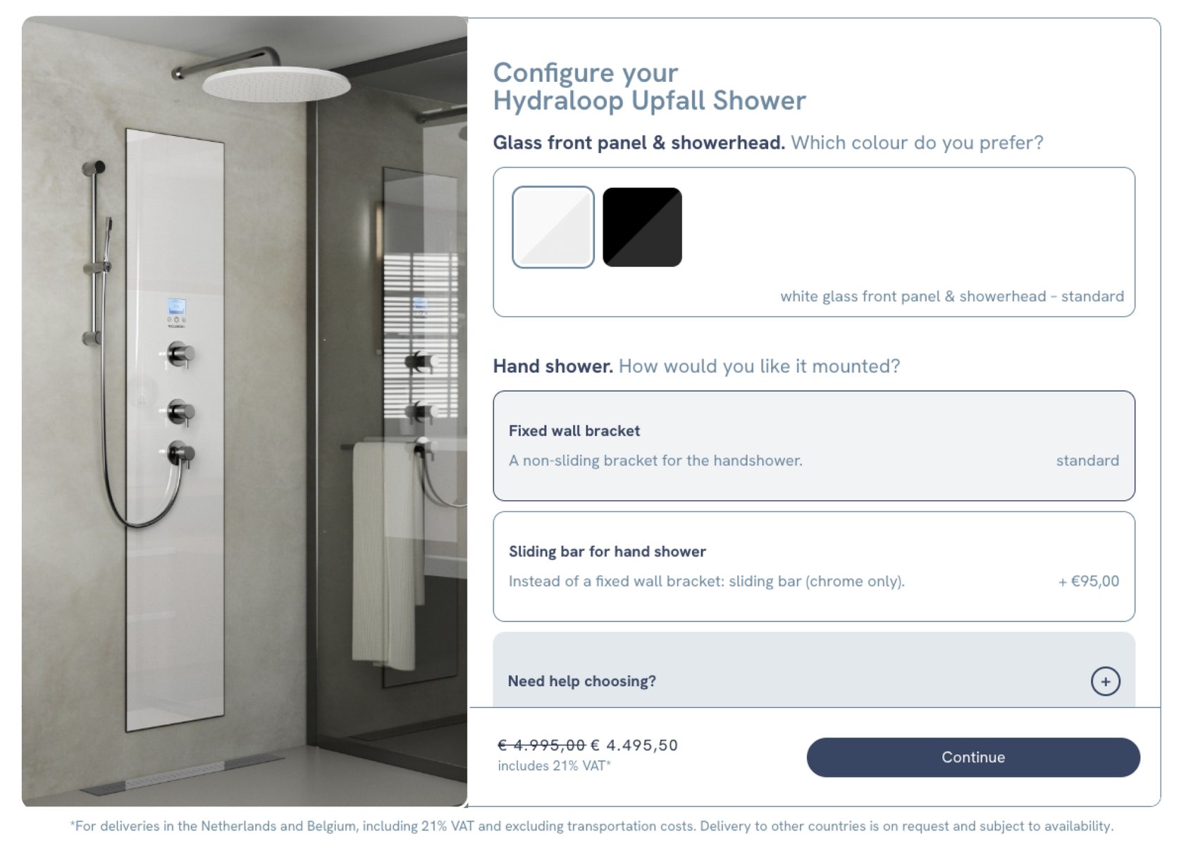 De Upfall-douche configurator: 3D-model met kleur- en optiekeuzes