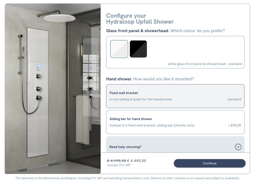 De Upfall-douche configurator: 3D-model met kleur- en optiekeuzes